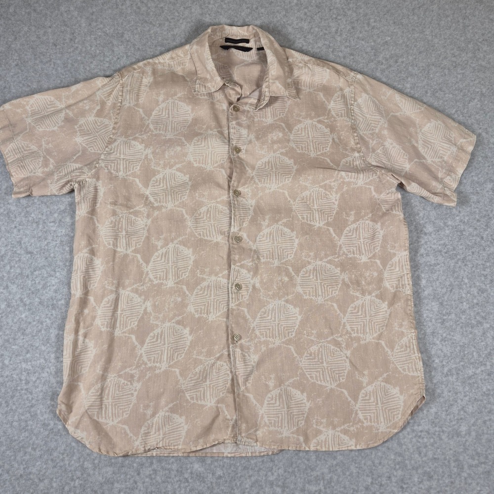 Axist Button Down Shirt Mens Large Tan Wave Washed Linen Medallion Print